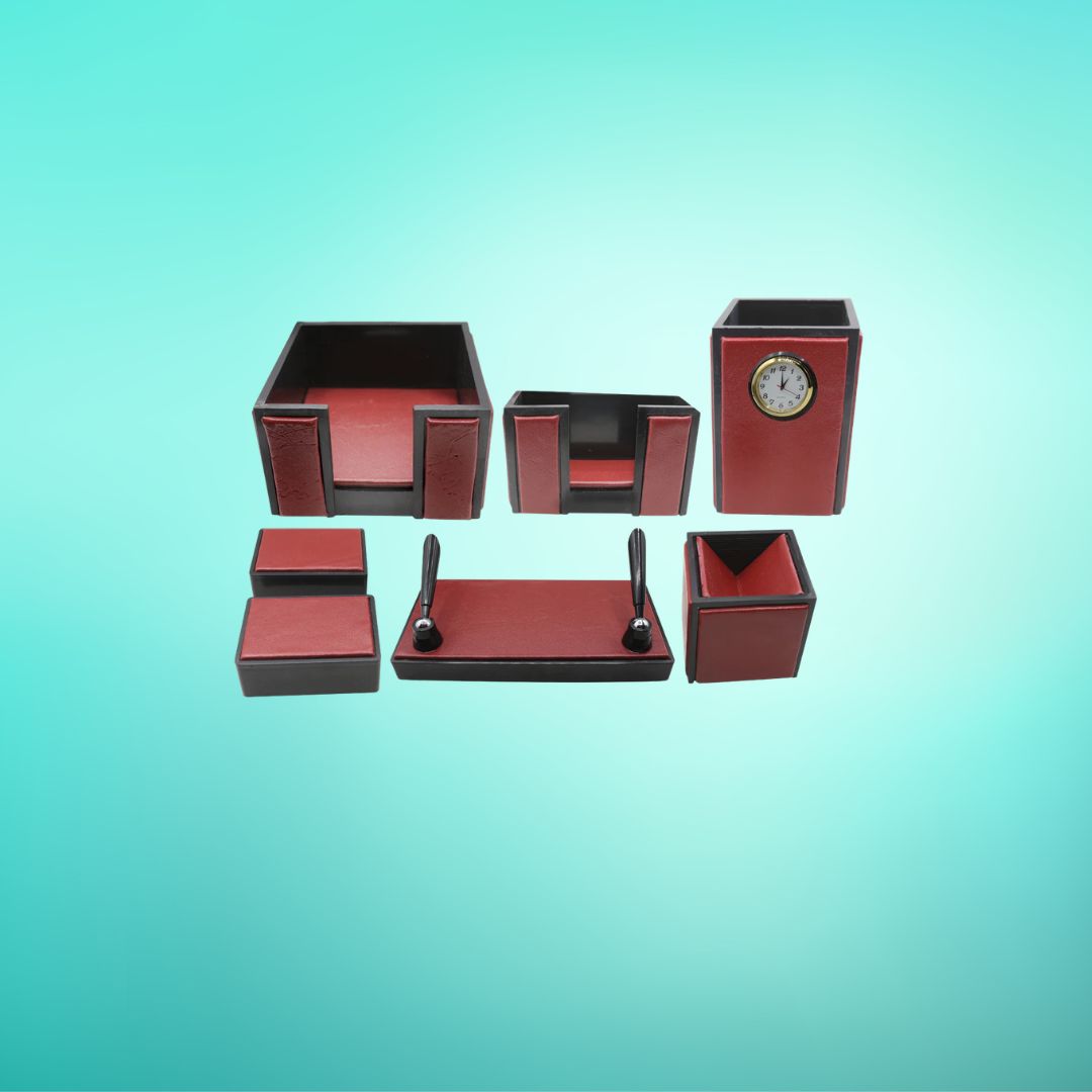Senator Rexine Leather Office Desk Organizer 7pcs Set With Watch  (Red)
